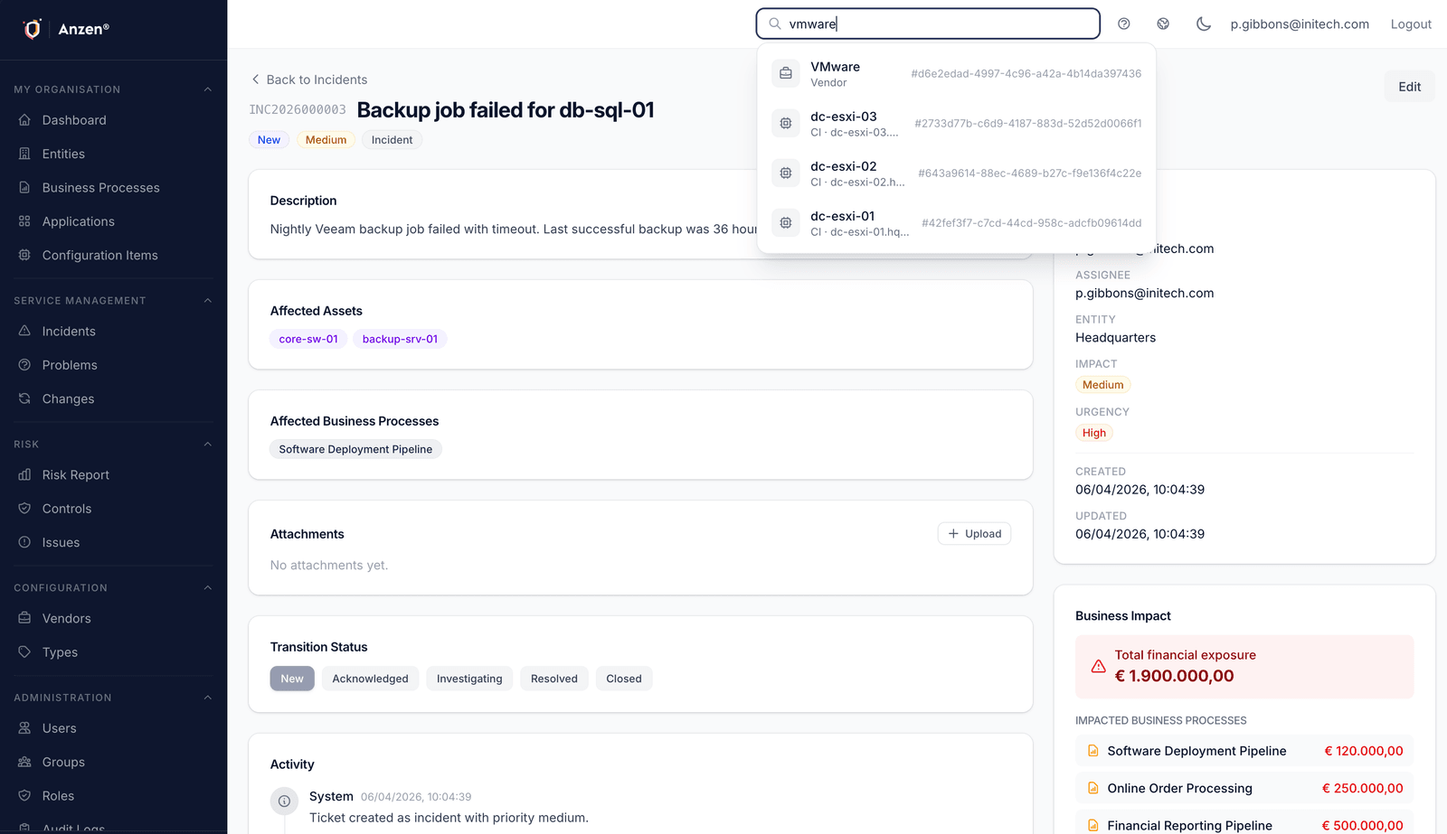 Incident detail view with global search showing vendor and CI results across the platform